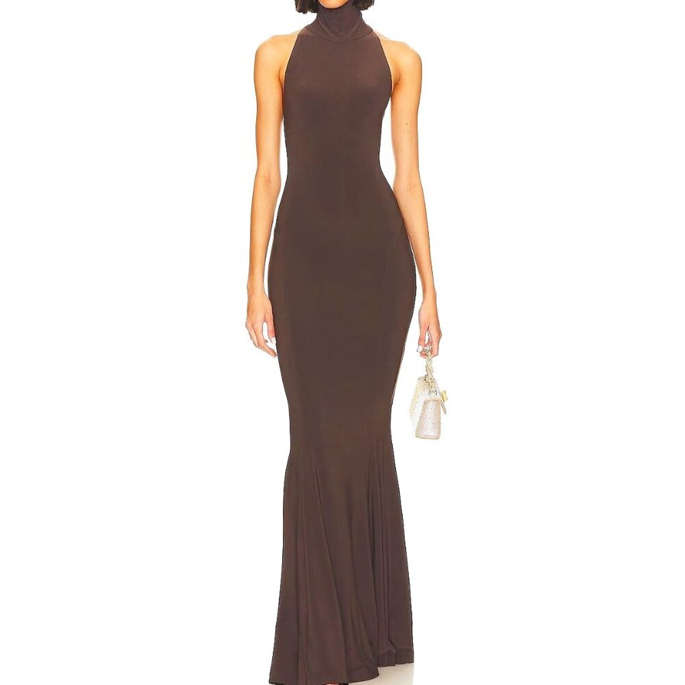 Norma Kamali Halter Turtle Fishtail Gown Maxi Dress Jersey Chocolate Size M/38